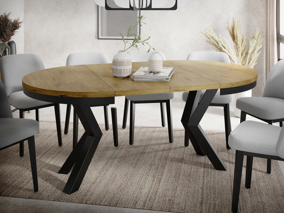 ESSTISCH Clara runder ausziehbarer, Eiche Hellbraun 100-180/100/76 cm - Eichefarben/Schwarz, Holzwerkstoff/Metall (100/180/76cm) - WFL GROUP