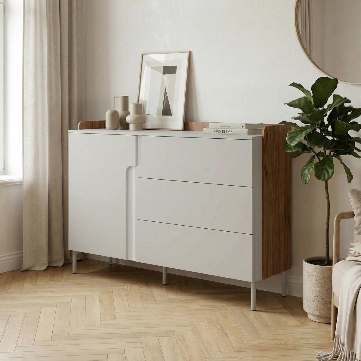 KOMMODE Positivo mit 1 Tür und 3 Schubladen, 140 cm, Alba-Nuss + Kaschmir - Nussbaumfarben, Holzwerkstoff (143/95/42cm) - Beautysofa