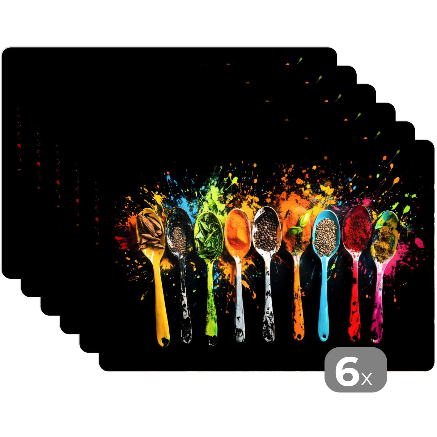 PLATZSETS 6er-Set Löffel - Gewürze - Modern - Graffiti - Farbe - Farbenfroh Telleruntersetzer 45x30 cm - Multicolor, Kunststoff (0.3/45/30cm) - MuchoWow