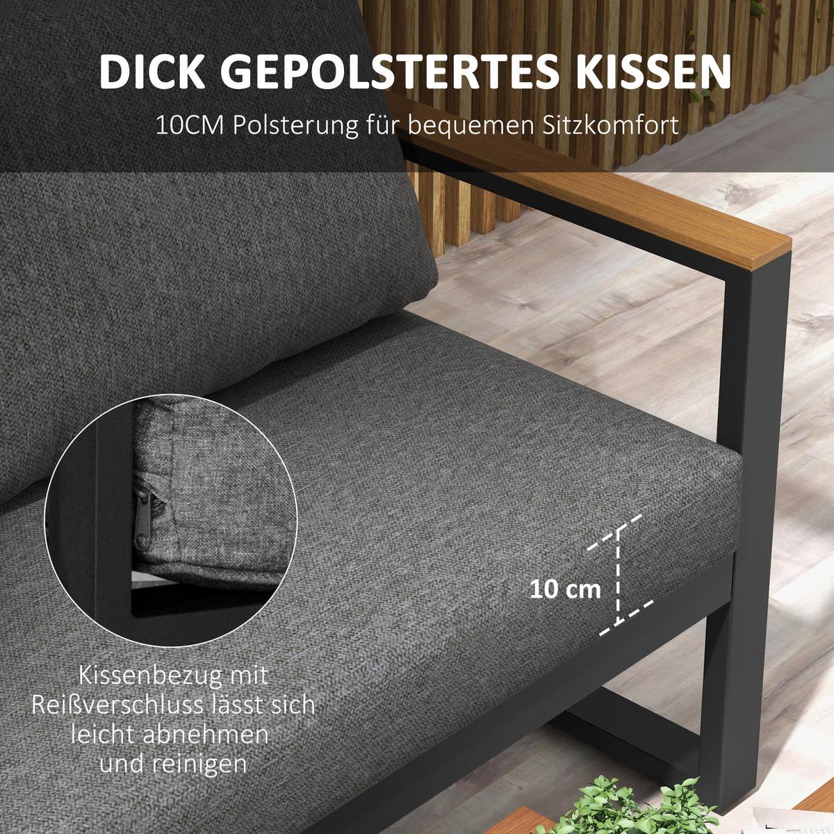 GARTENMÖBEL-SET, mit Ecksofa, Couchtisch, mit Sitzkissen, Aluminium, Kunststoff, Grau - Dunkelgrau, Metall - Outsunny