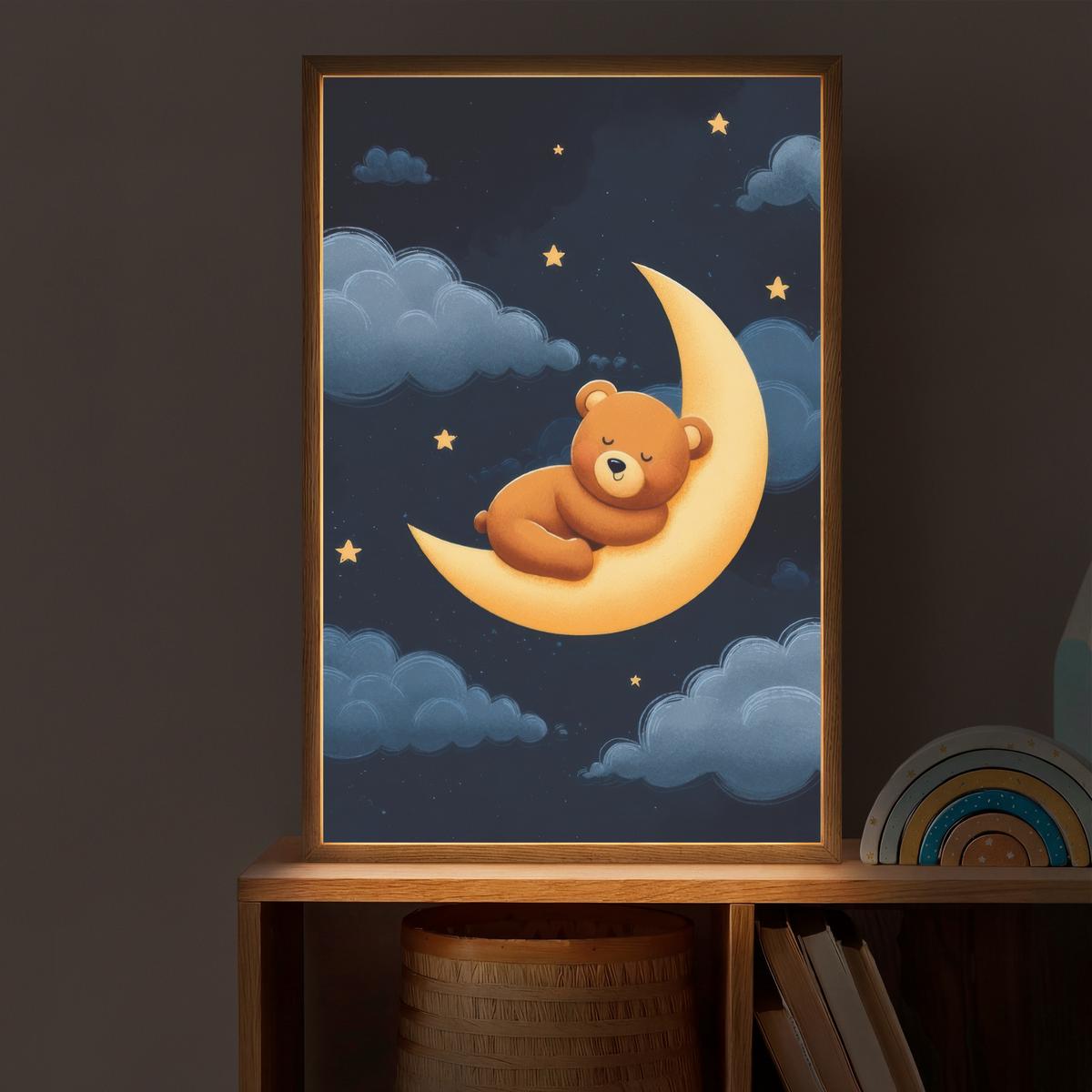 NACHTTISCHLAMPE MIT AKKU Teddybär - Mond - Wolken - Sterne 40x60 cm - Dunkelblau, Holzwerkstoff (8/40/60cm) - OnlyWow