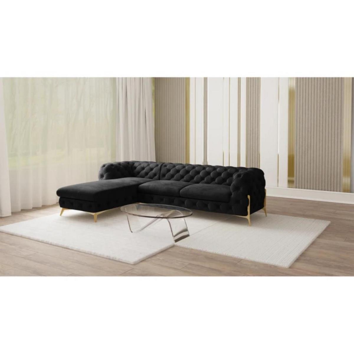 ECKSOFA Chesterfield Lexi Schwarz Samt, Ottomane links - Goldfarben/Schwarz, Holz/Textil (305/200cm) - S-Style Möbel
