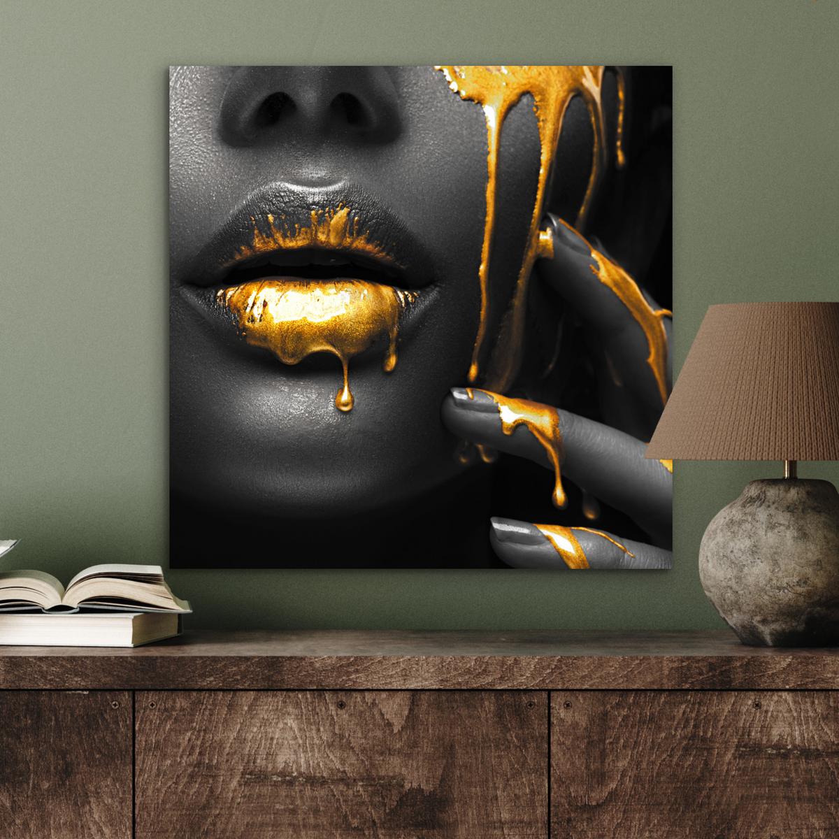 METALLBILD Frau - Schwarz - Gold - Gesicht - Lippen 50x50 cm - Goldfarben, Metall (50/50cm) - MuchoWow