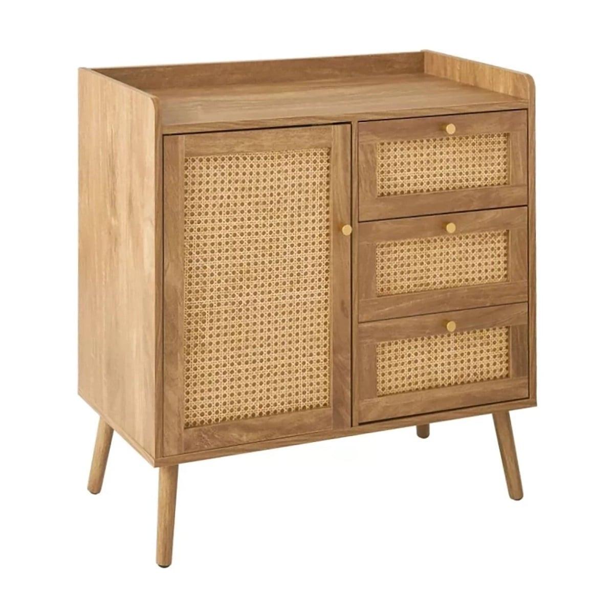 KOMMODE mit 1 Tür und 3 SchubladenRattanfronten und Holzfüßen 39/79,5/80 cm - Eschefarben, Holzwerkstoff (80/79.5/47cm) - Calicosy