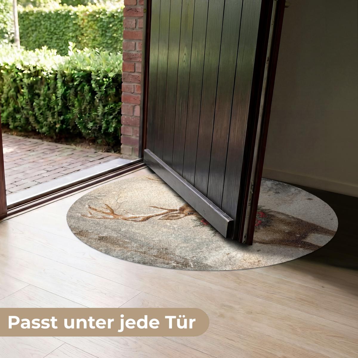 FUSSMATTE Weihnachten - Rentier - Winter - Kranz Flurteppich 90x90 cm - Braun, Kunststoff (90/0.4cm) - MuchoWow
