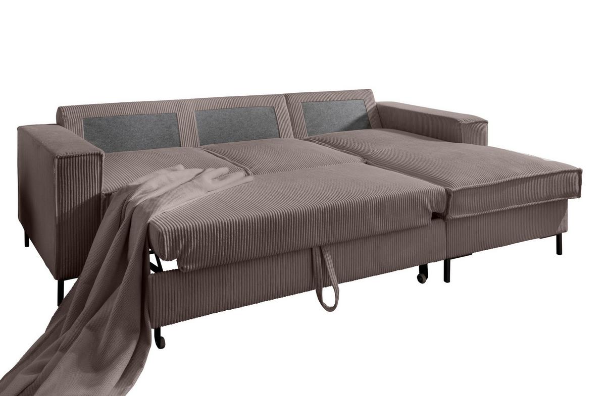 ECKSOFA mit Schlaffunktion, Bettkasten, Wellenunterfederung, Récamiere rechts B240/T150/H92 cm, Liegefl. 125x198 cm, Cord Braun Taupe / 17222 - Schwarz/Braun, Textil/Metall (240/150cm) - luma-home