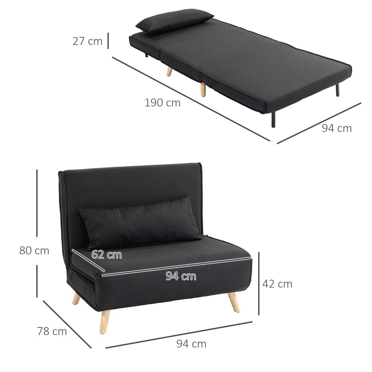 SCHLAFSESSEL, 2-in-1 Schlafsofa mit Bettfunktion, Zierkissen bis 120 kg Schwarz - Schwarz/Naturfarben, Holz/Textil (78/80/94cm) - HOMCOM