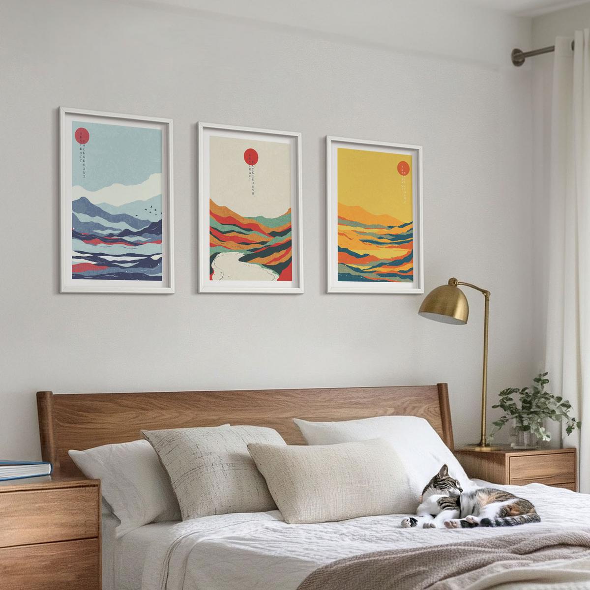BILDER SET 3er Set - 40x60 cm Weißer Rahmen - Abstraktion von farbenfrohen Bergen und Flüssen - Weiß, Kunststoff (40/60cm) - TULUP