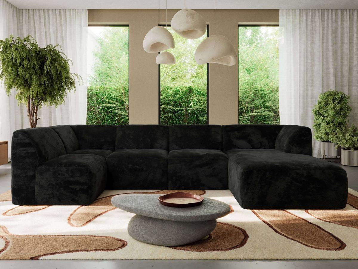 WOHNLANDSCHAFT MODARO U 6M - Schwarz Plüsch - Rechts - Schwarz, Textil (345/78/180cm) - MKS