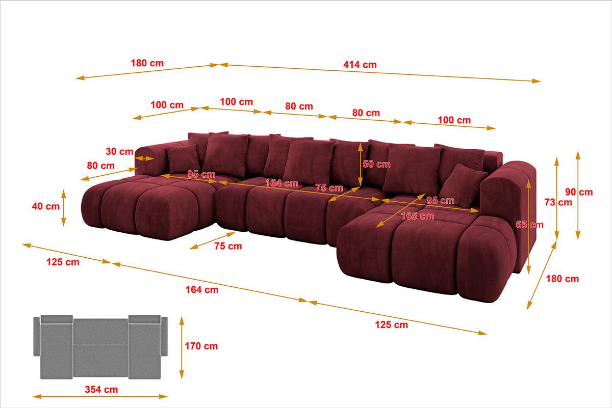 WOHNLANDSCHAFT CLOUD-U-v1 405x185x90 Bordeaux Velours - Bordeaux, Holzwerkstoff/Kunststoff (405/90/185cm) - ALTDECOR