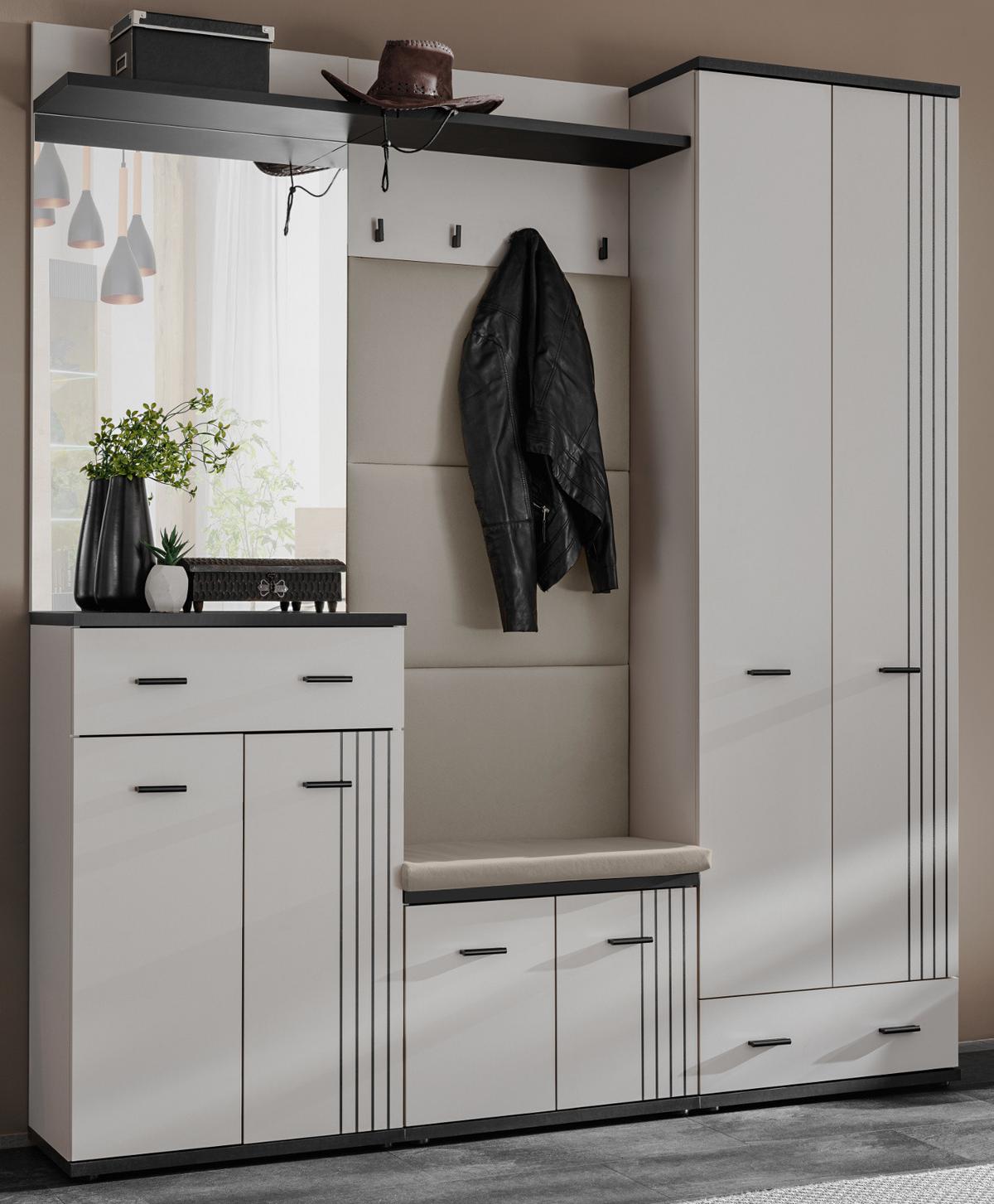 GARDEROBEN-SET Kaschmir, schwarz 5-teilig 180 cm, Flurgarderobe mit viel Stauraum - Kaschmir/Schwarz, Glas/Holzwerkstoff (180/203/32cm) - Inn.Furn
