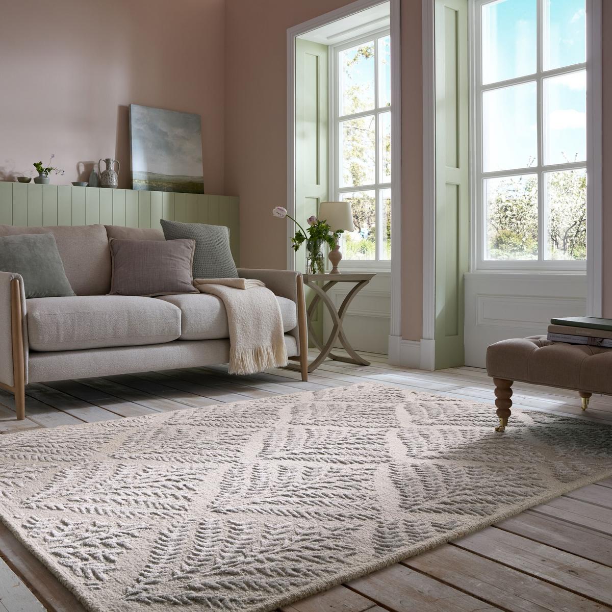 WOLLTEPPICH GLEN, Seidiger Glanz Blätter, Hellgrau, 200 x 290 cm - Grau, Textil (290/200cm) - KADIMA DESIGN