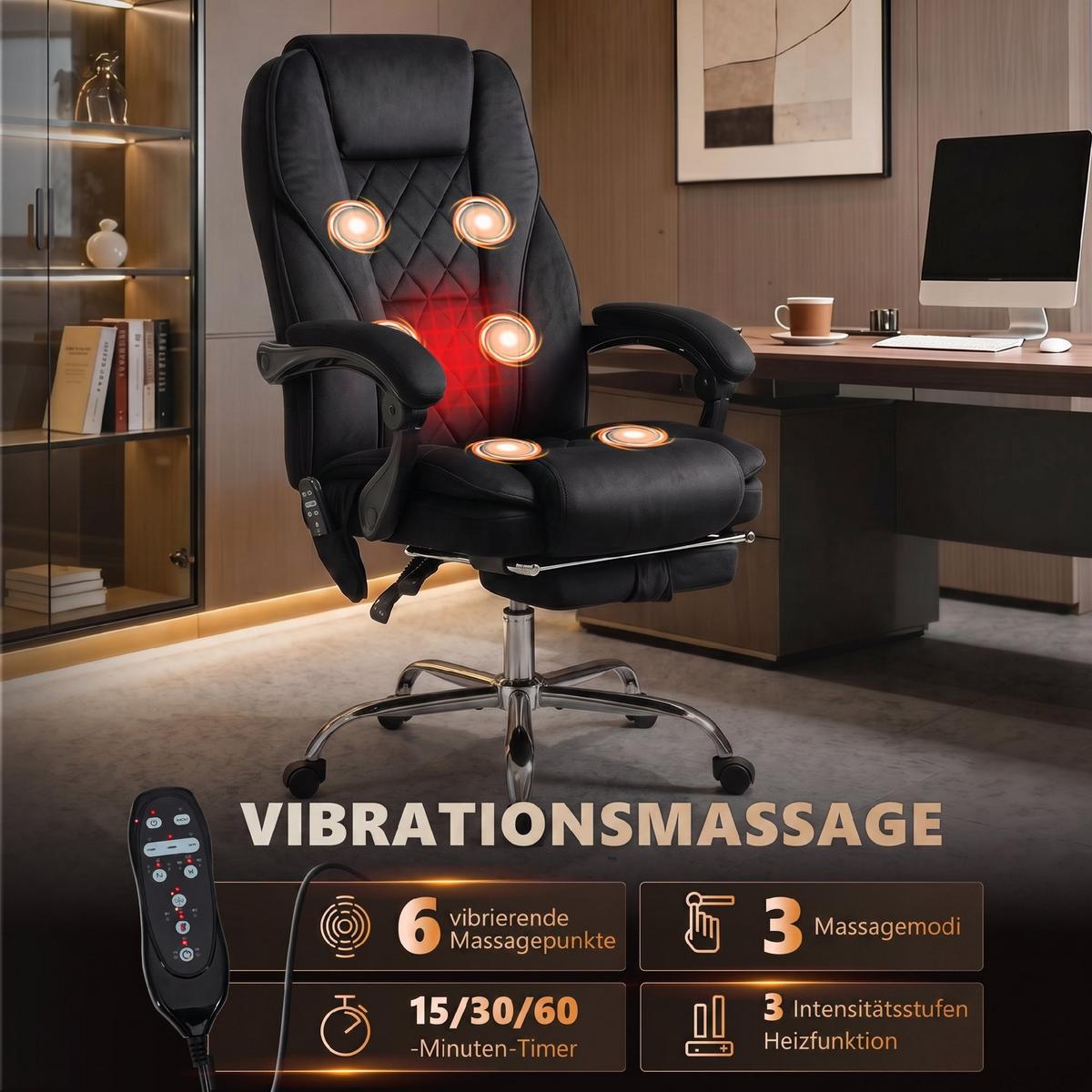 BÜROSTUHL mit Massagefunktion Schwarz - Silberfarben/Schwarz, Textil/Metall (67/119/72cm) - Vinsetto
