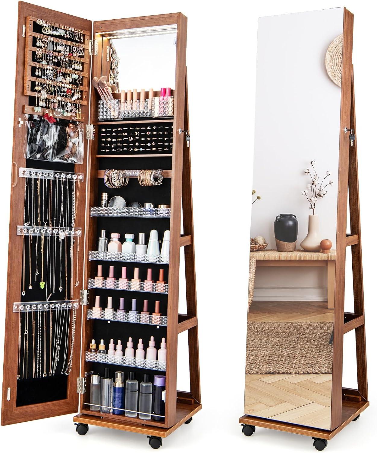 SCHMUCKSCHRANK mit Rollen Braun - Braun, Glas (40/163/38cm) - COSTWAY