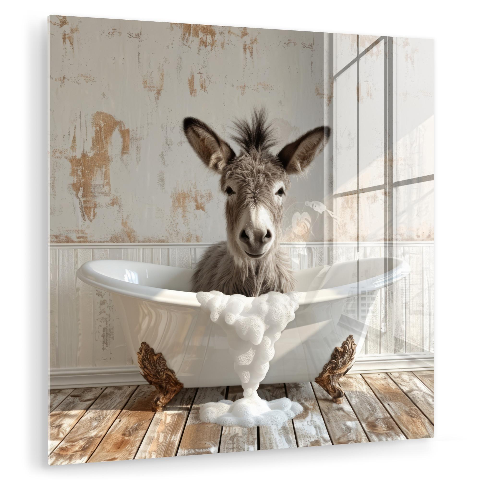 ACRYLGLASBILD Esel - Tiere - Badewanne - Schaumstoff 50x50 cm - Weiß, Glas (50/50cm) - MuchoWow