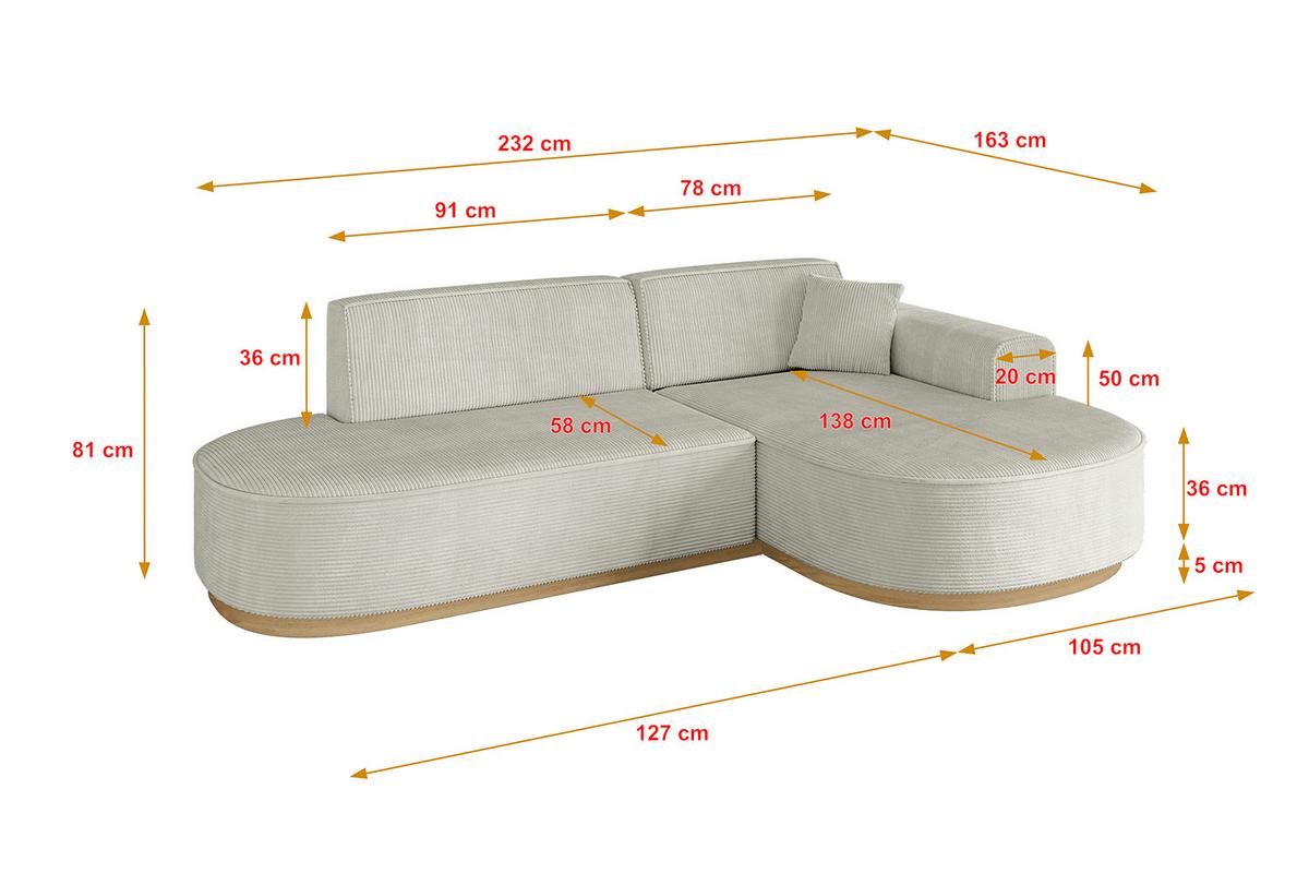 ECKSOFA Ottomane Rechts MARI-L1-v2 - 243x171x83 cm Creme Cord - Hellgrau/Creme, Holzwerkstoff/Textil (171/243cm) - ALTDECOR
