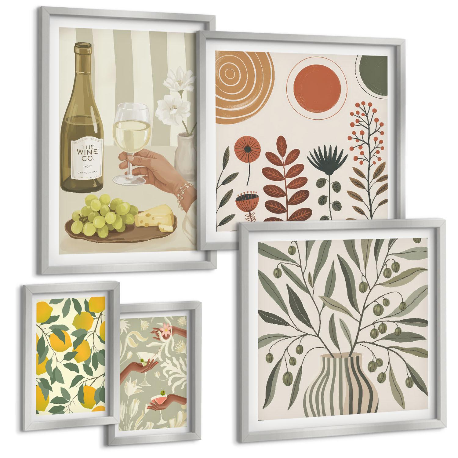 BILDER SET 5er Set - 50x50 cm & 20x30 cm & 40x60 cm Silberner Rahmen - Blumenmuster in Orange und Grün - Silberfarben, Kunststoff (40/60cm) - TULUP