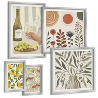 BILDER SET 5er Set - 50x50 cm & 20x30 cm & 40x60 cm Silberner Rahmen - Blumenmuster in Orange und Grün - Silberfarben, Kunststoff (40/60cm) - TULUP