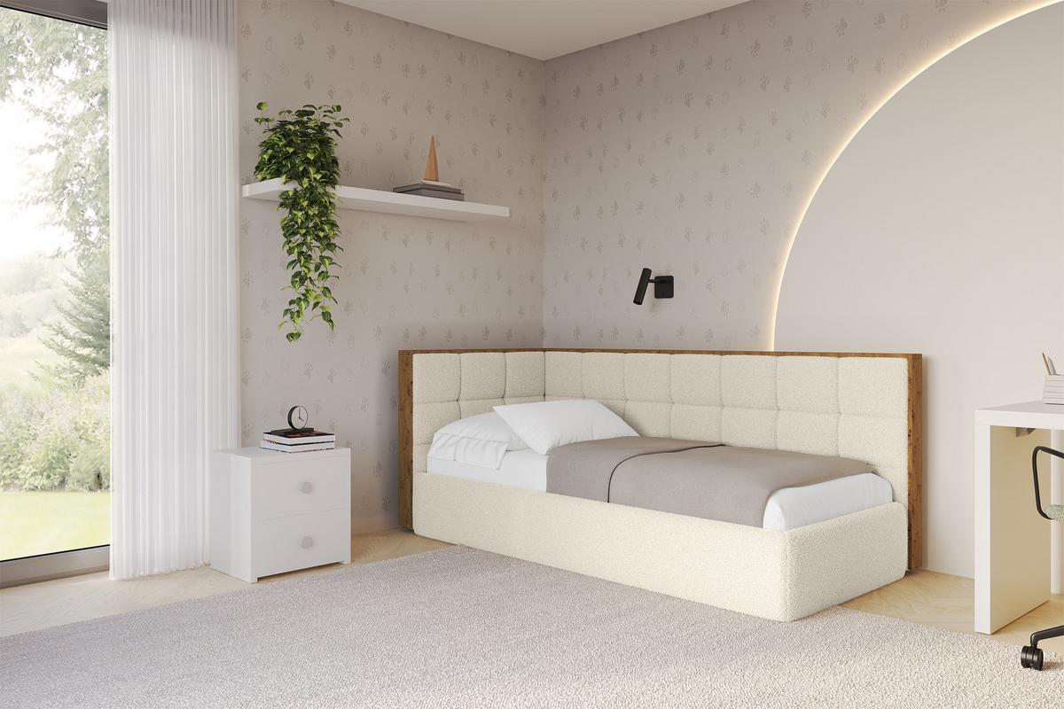 EINZELLBETT Jugendbett mit Bettkasten, Rechts - SOVY 90x200 Beige - Perlmutt, Holzwerkstoff/Textil (90/200cm) - ALTDECOR