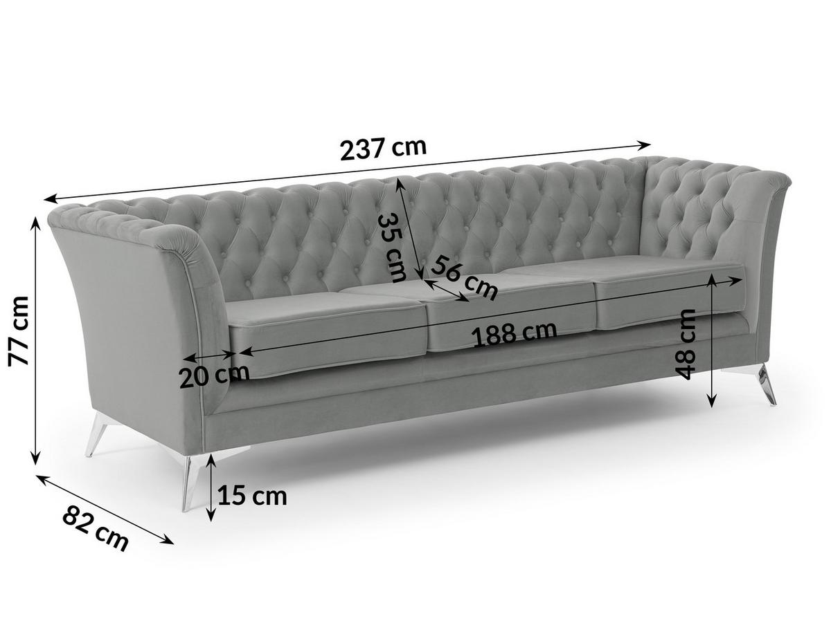 CHESTERFIELD-SOFA 3-sitzer Whitby Grau Samt mit silbernen Füßen - Silberfarben/Grau, Holz/Textil (237/78/82cm) - S-Style Möbel