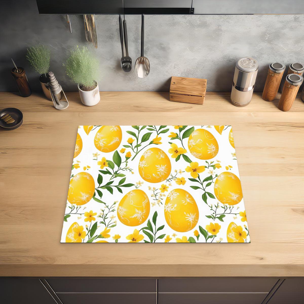 HERDABDECKPLATTE Blumen - Ostereier - Gelb Abdeckung Ceranfeld 58.3x51.3 cm - Gelb, Kunststoff (58.3/51.3/0.2cm) - MuchoWow