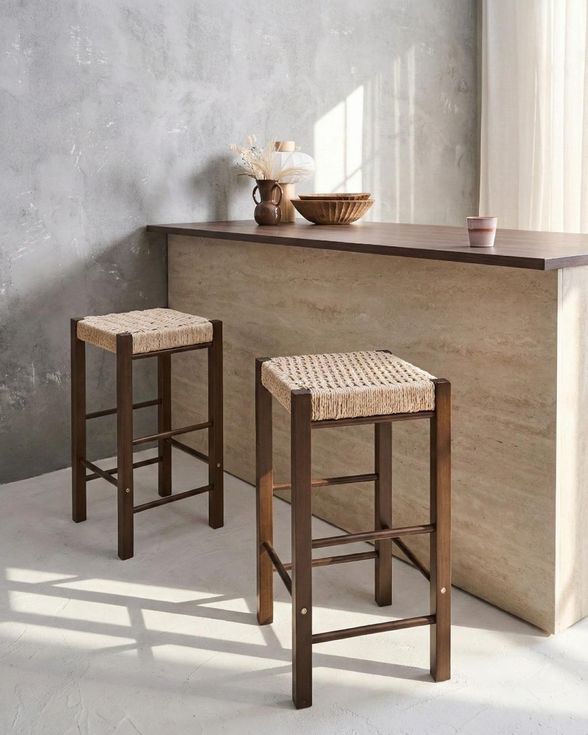 BARHOCKERN 2er-Set Braun Embrun - Dunkelbraun/Beige, Holz (35/66/35cm) - Beliani