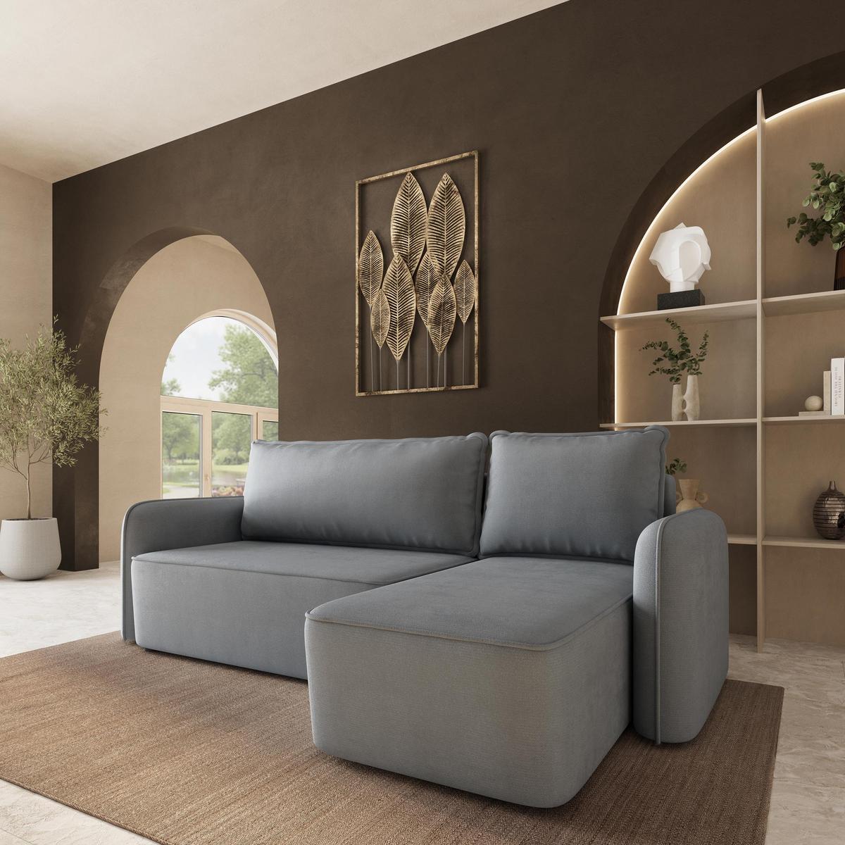 ECKSOFA DOLVER Grau Plüsch-Stoff mit Schlaffunktion - Grau, Holz (238/156cm) - MASSENO