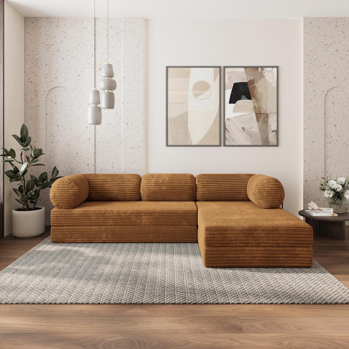 ECKSOFA ETERA modulares Boneless Sofa mit Schlaffunktion Orange Kordstoff - Orange, Textil (270/160cm) - MASSENO