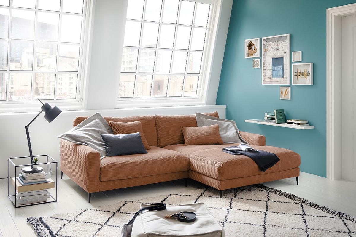 ECKSOFA CARA Braun Cord - Schwarz/Braun, Textil/Metall (272/190cm) - KAWOLA