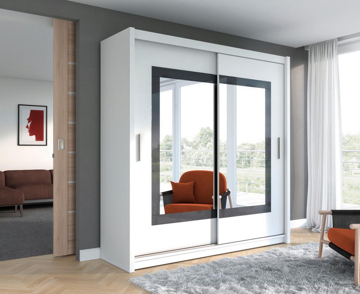 SCHWEBETÜRENSCHRANK KENNEN 203/215/61 cm 2-türig mit Spiegel Weiß - Weiß, Holzwerkstoff (203/215/61cm) - MASSENO