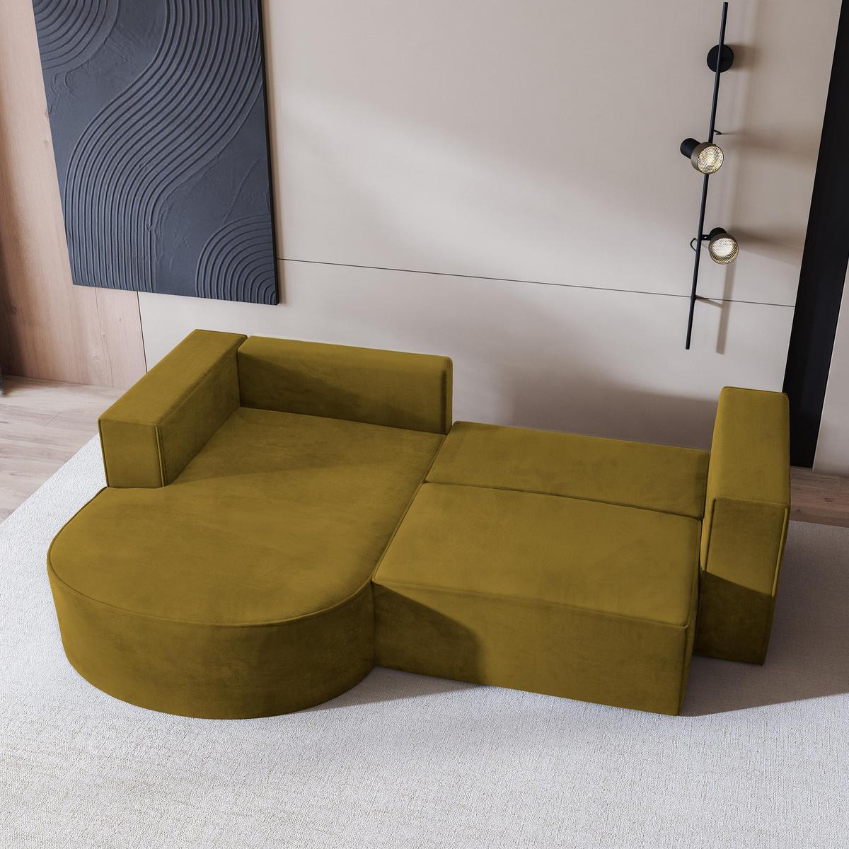 ECKSOFA SORELA M L-S Gelb Velours-Stoff mit Schlaffunktion - Gelb, Holz (263/174cm) - MASSENO