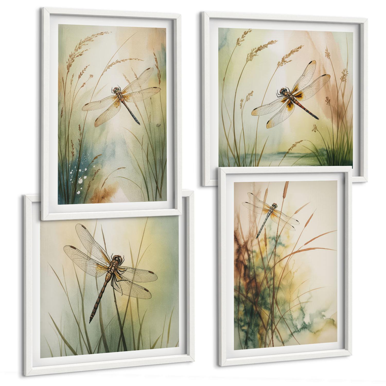 BILDER SET 4er Set - 50x50 cm & 40x60 cm Weißer Rahmen - Libellengräser über dem Wasser - Weiß, Kunststoff (50/50cm) - TULUP