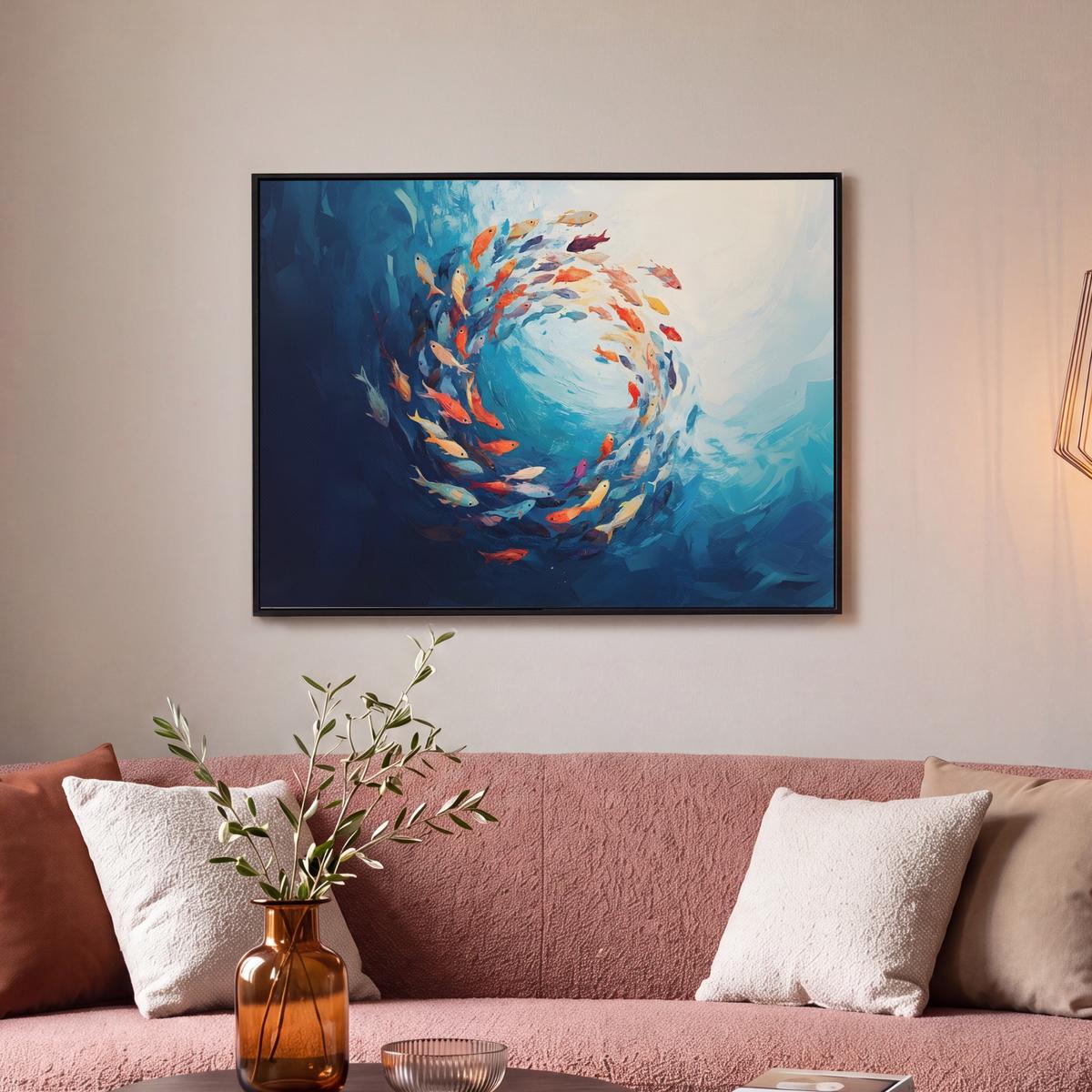 LEINWAND Bilder mit Rahmen - Meer - Fische - Bunt - Dynamisch - 70x50 - Hellblau, Textil (70/50cm) - MuchoWow