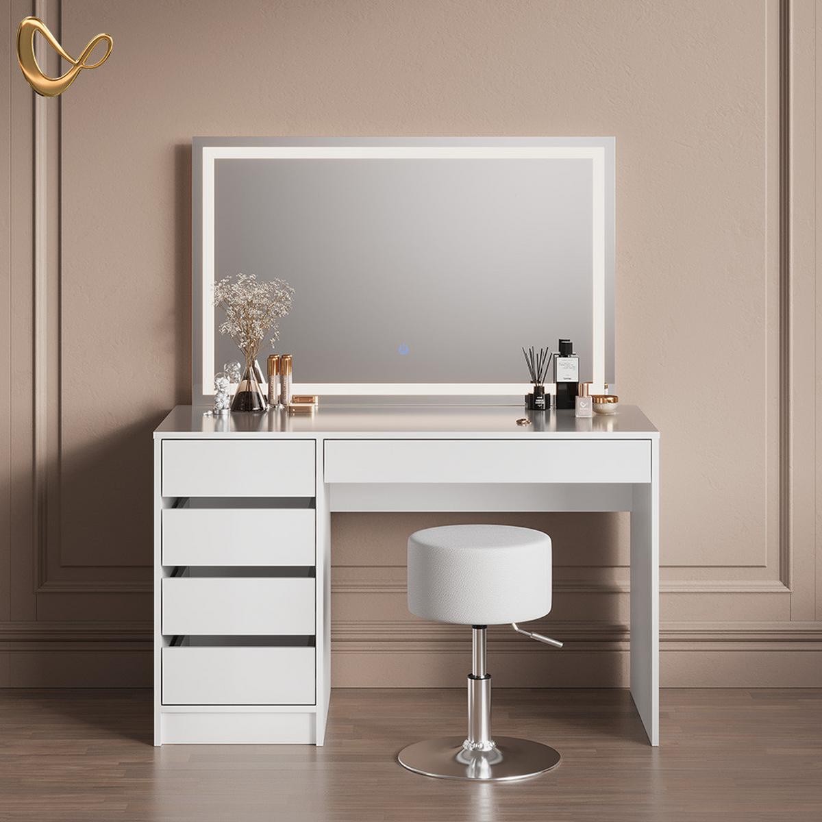 SCHMINKTISCH Imola Weiß mit LED-Spiegel und Hocker - Weiß, Holzwerkstoff (120/75/55cm) - Livinity®