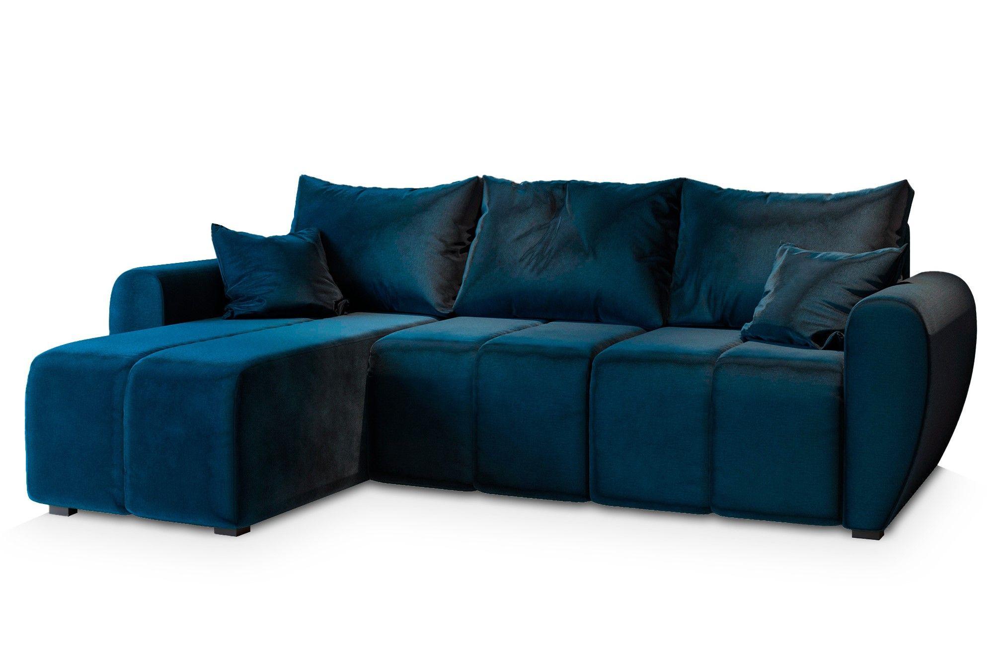 ECKSOFA MADISON Blau Plüsch-Stoff mit Schlaffunktion - Blau/Schwarz, Holz/Kunststoff (246/143cm) - MASSENO