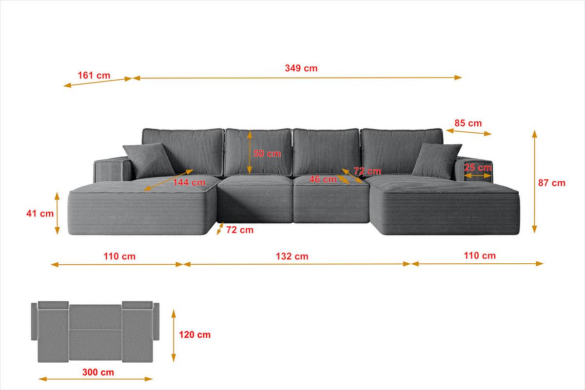 WOHNLANDSCHAFT mit Schlaffunktion und Bettkasten SIERRA-U-S - 349x161x87 cm Duneklgrau Cord - Dunkelgrau/Schwarz, Holzwerkstoff/Kunststoff (349/87/161cm) - ALTDECOR
