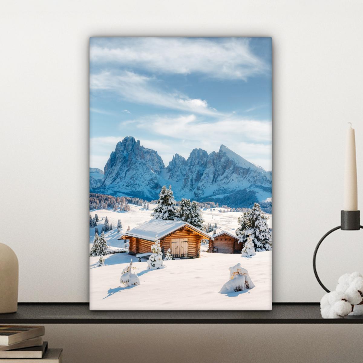LEINWANDBILD Winter - Hütte - Berge - Aussicht - Schnee Deko Wohnzimmer 20x30 cm - Eichefarben, Textil (20/30cm) - MuchoWow