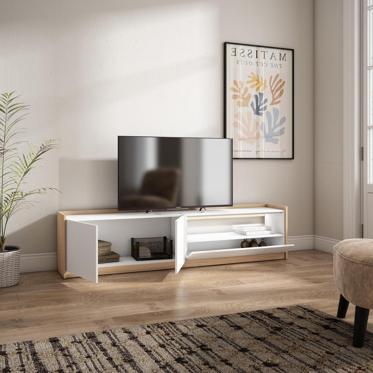 LOWBOARD, Weiß und Eiche, 207/37/50cm, mit Led - Weiß, Holzwerkstoff (207/50/37cm) - Skraut Home