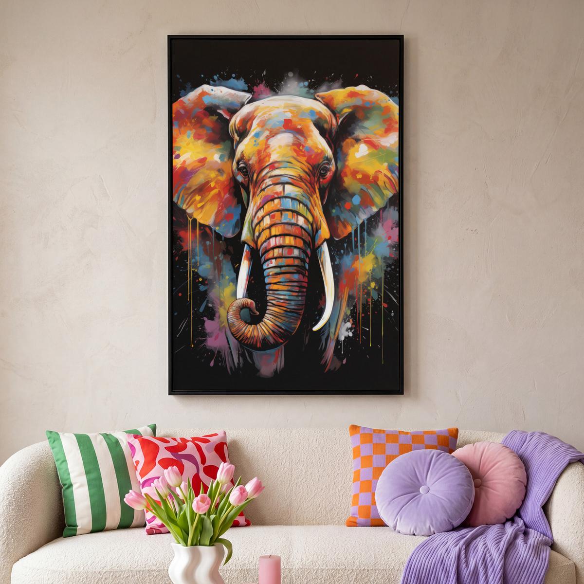 LEINWAND Bilder mit Rahmen - Elefant - Graffiti - Schwarz - Tiere - Farben - 90x140 - Schwarz, Textil (90/140cm) - MuchoWow