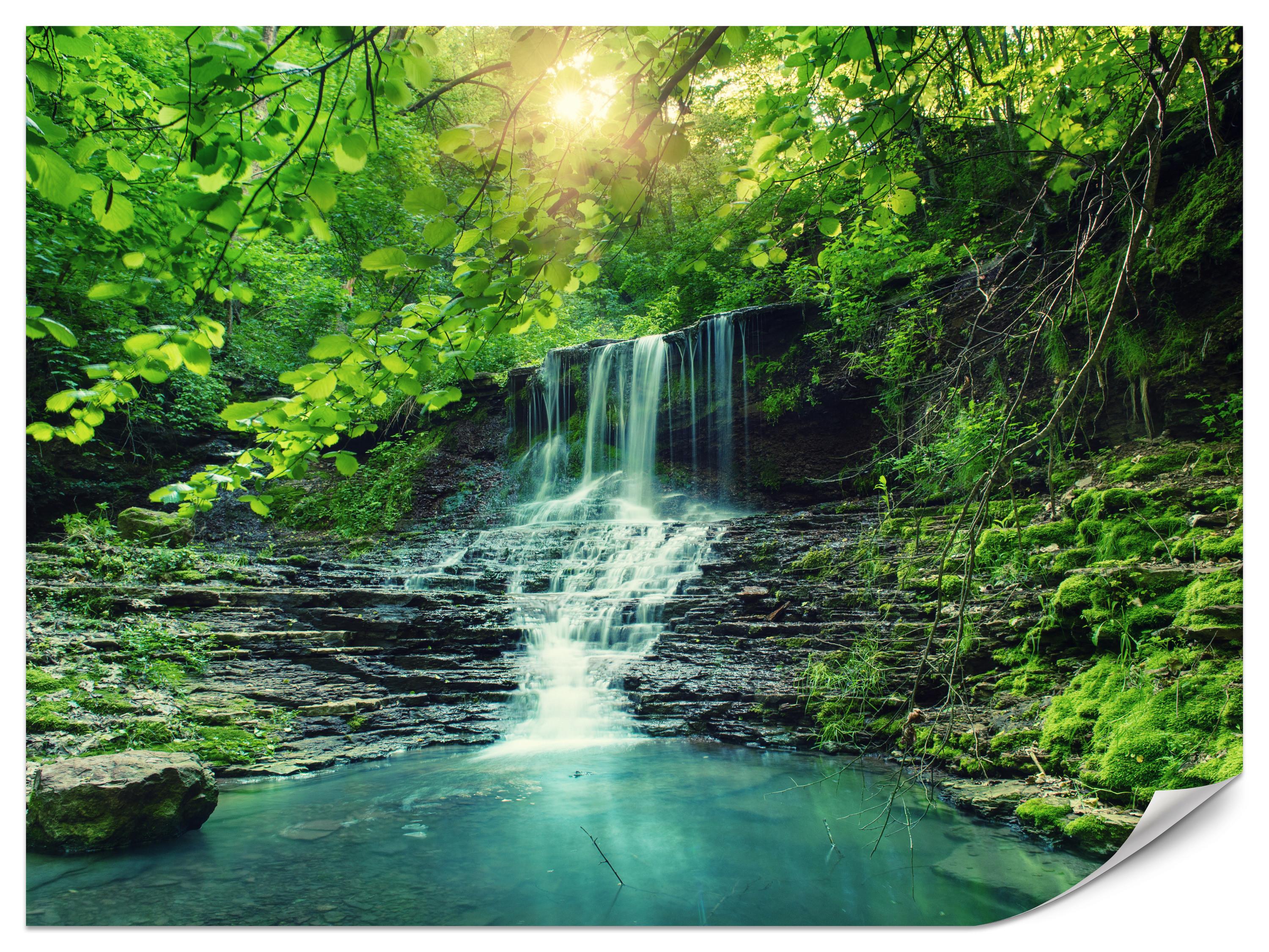 FOTOTAPETE für Schlafzimmer Türkisfarbener Wasserfall Wald Bäume Blätter Felsen 100x70 - Türkis/Blau, Papier (100/70cm) - Muralo