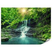 FOTOTAPETE für Schlafzimmer Türkisfarbener Wasserfall Wald Bäume Blätter Felsen 100x70 - Türkis/Blau, Papier (100/70cm) - Muralo