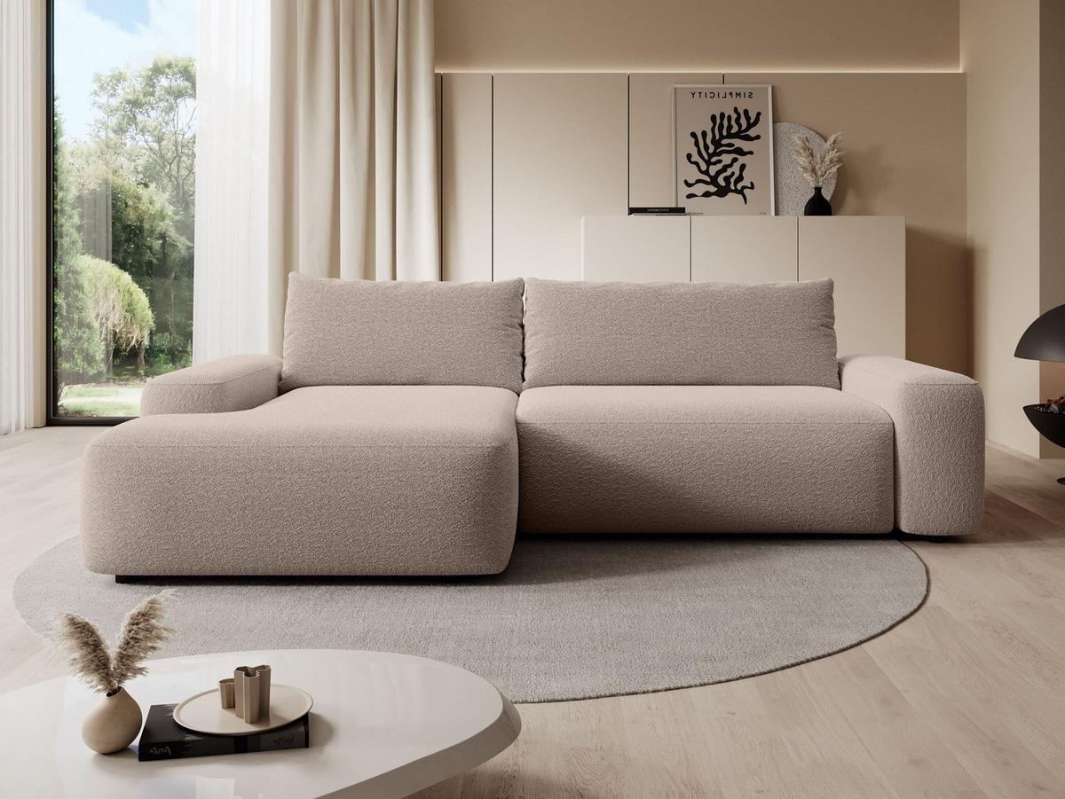 ECKSOFA RUOTA Beige Boucle-Stoff mit Schlaffunktion - Beige, Holz (264/162cm) - MASSENO