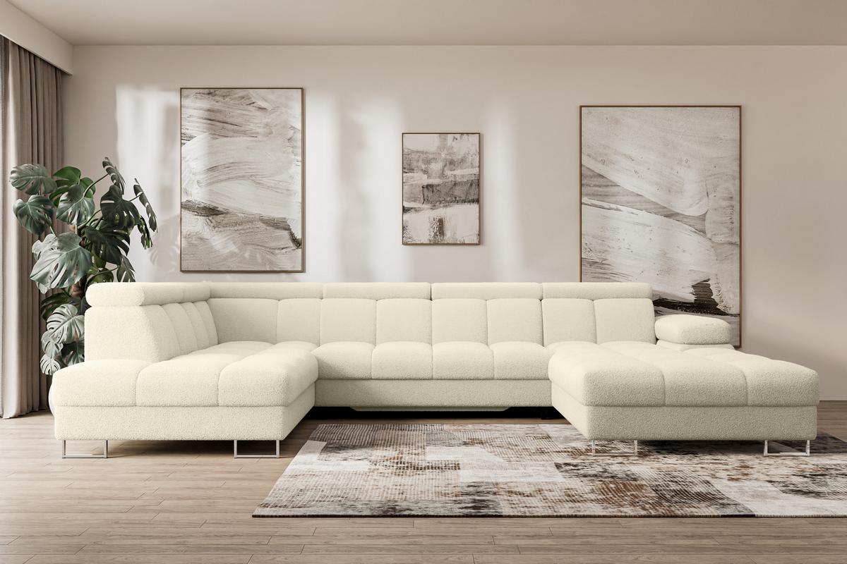 WOHNLANDSCHAFT mit Schlaffunktion und Bettkasten Ottomane Links COMA U 345x203x79 Beige Bouclé - Sandfarben, Holzwerkstoff/Textil (345/79/203cm) - ALTDECOR