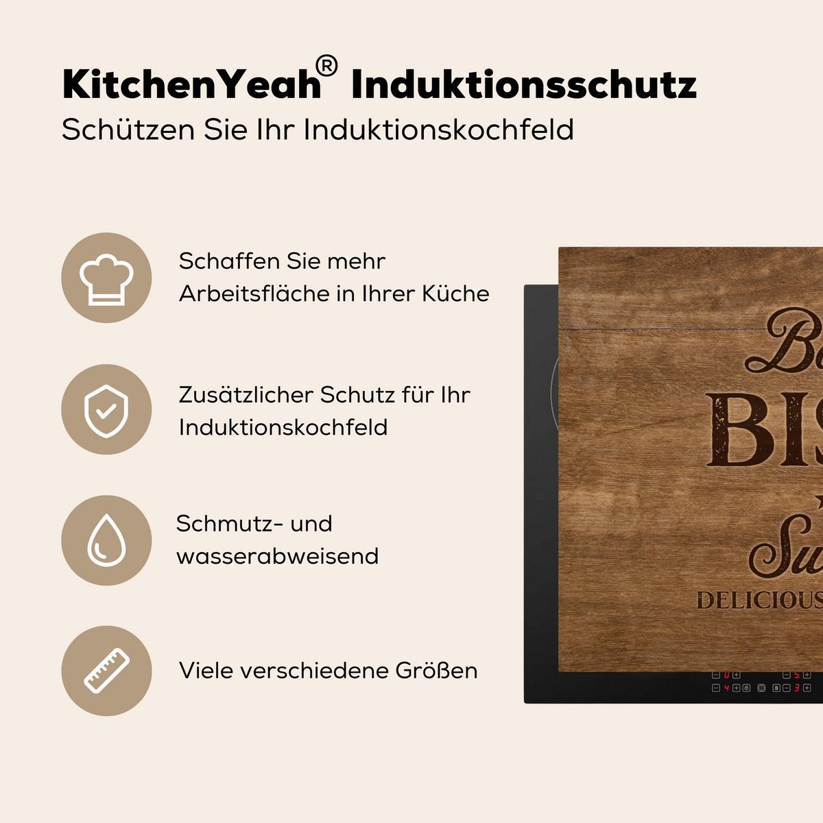 HERDABDECKPLATTE Zitat - Bistro - Guten Appetit - Süßes Zuhause - Holzmaserung Induktionsschutz 81.6x52.7 cm - Braun, Kunststoff (81.6/52.7/0.2cm) - MuchoWow