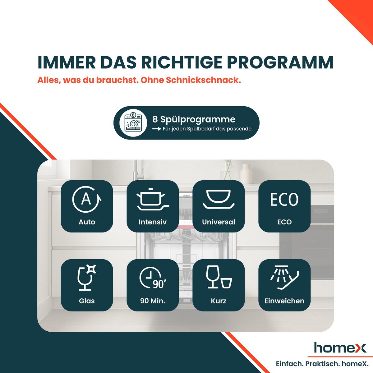 GESCHIRRSPÜLER vollintegrierbar 60 cm, Einbau Spülmaschine - 14 Maßgedecke, 8 Programme, AquaStop, Bodenlicht - Silberfarben, Kunststoff/Metall (59.8/81.5/55cm) - homeX