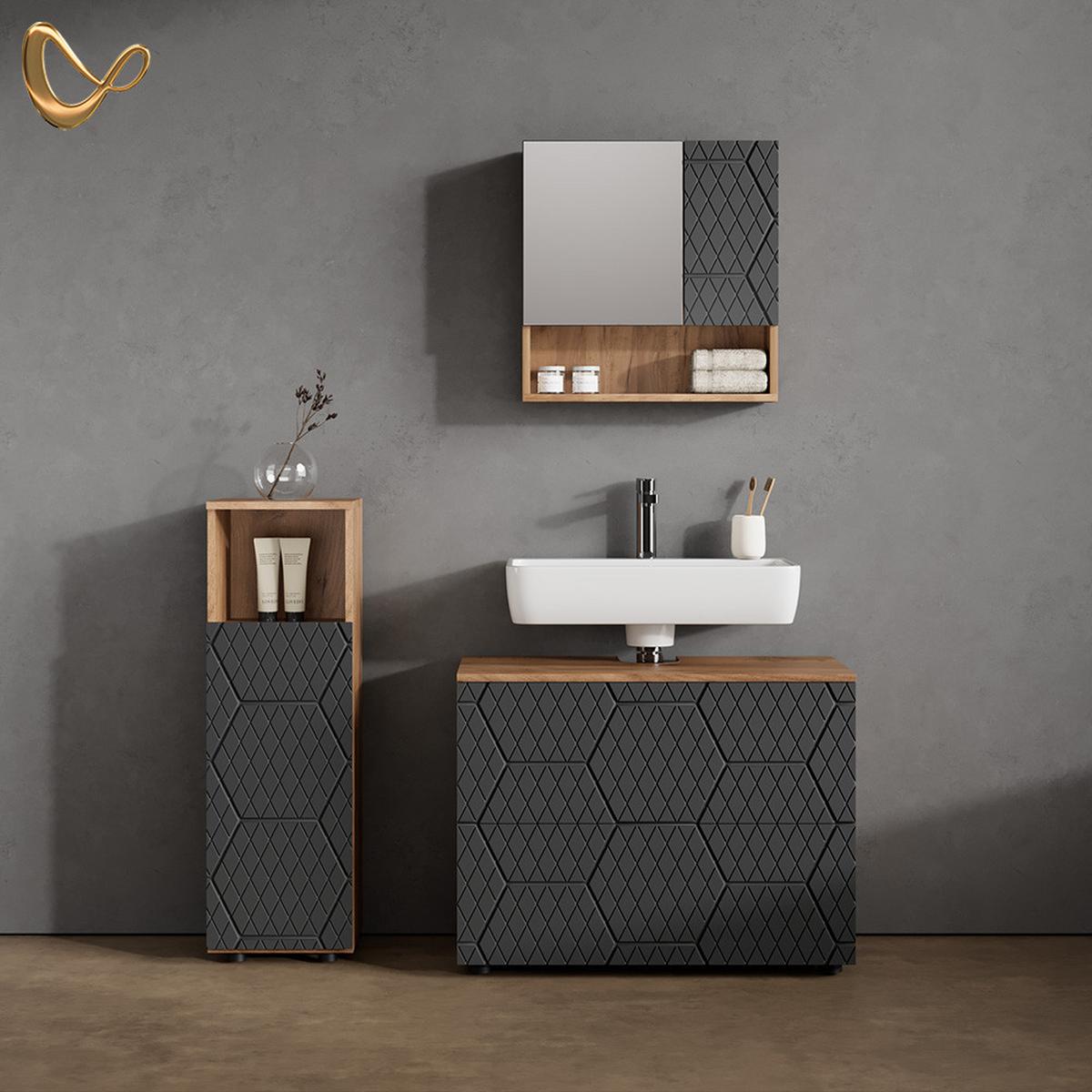 BADMÖBEL-SET Ronco Anthrazit mit Wabenstruktur 3 Teile, mit Midischrank - Anthrazit, Holzwerkstoff (80/58/41cm) - Livinity®