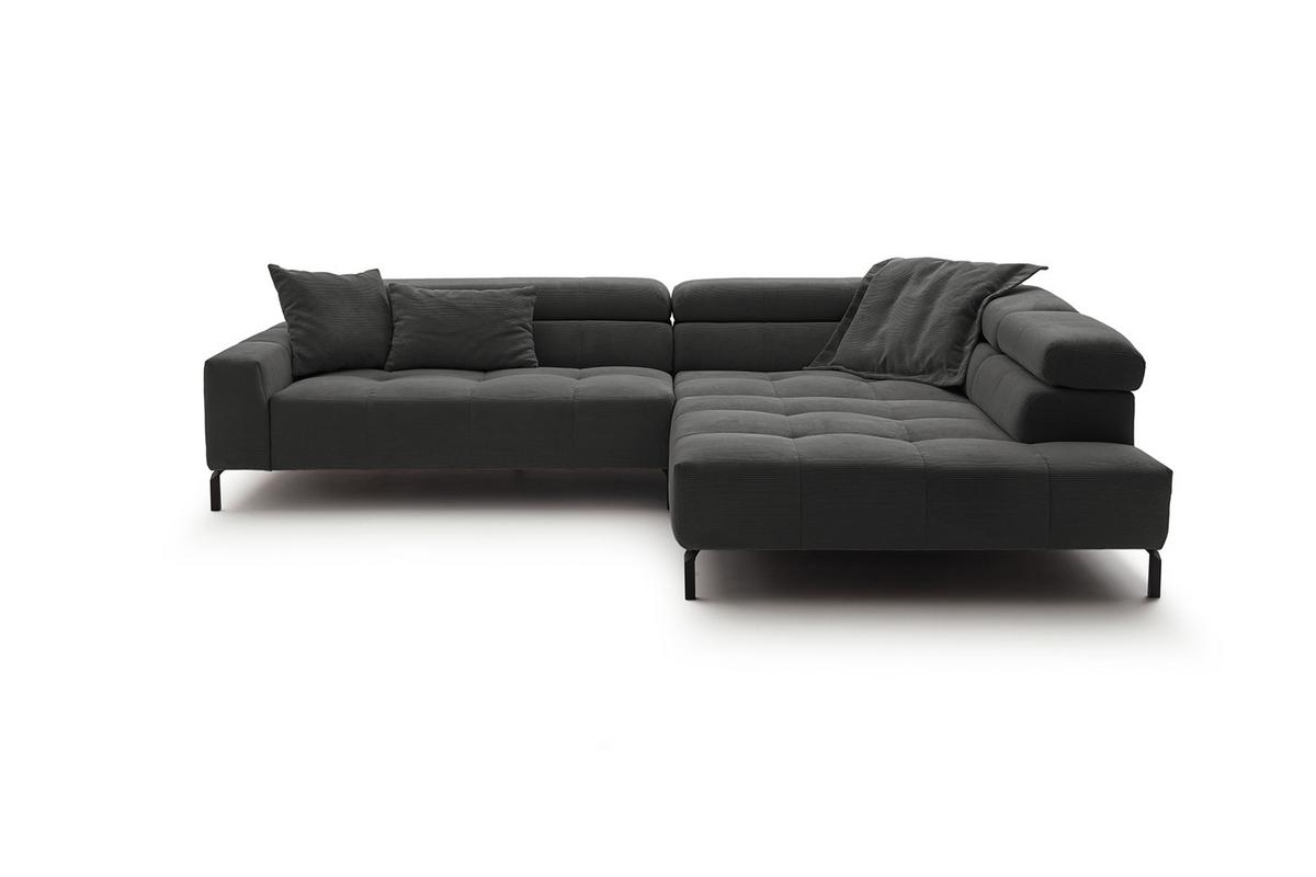 ECKSOFA MIT MOTORISCHEM SITZVORZUG OHIO Anthrazit Cord Relaxfunktion - Anthrazit/Schwarz, Textil/Metall (311/219cm) - KAWOLA