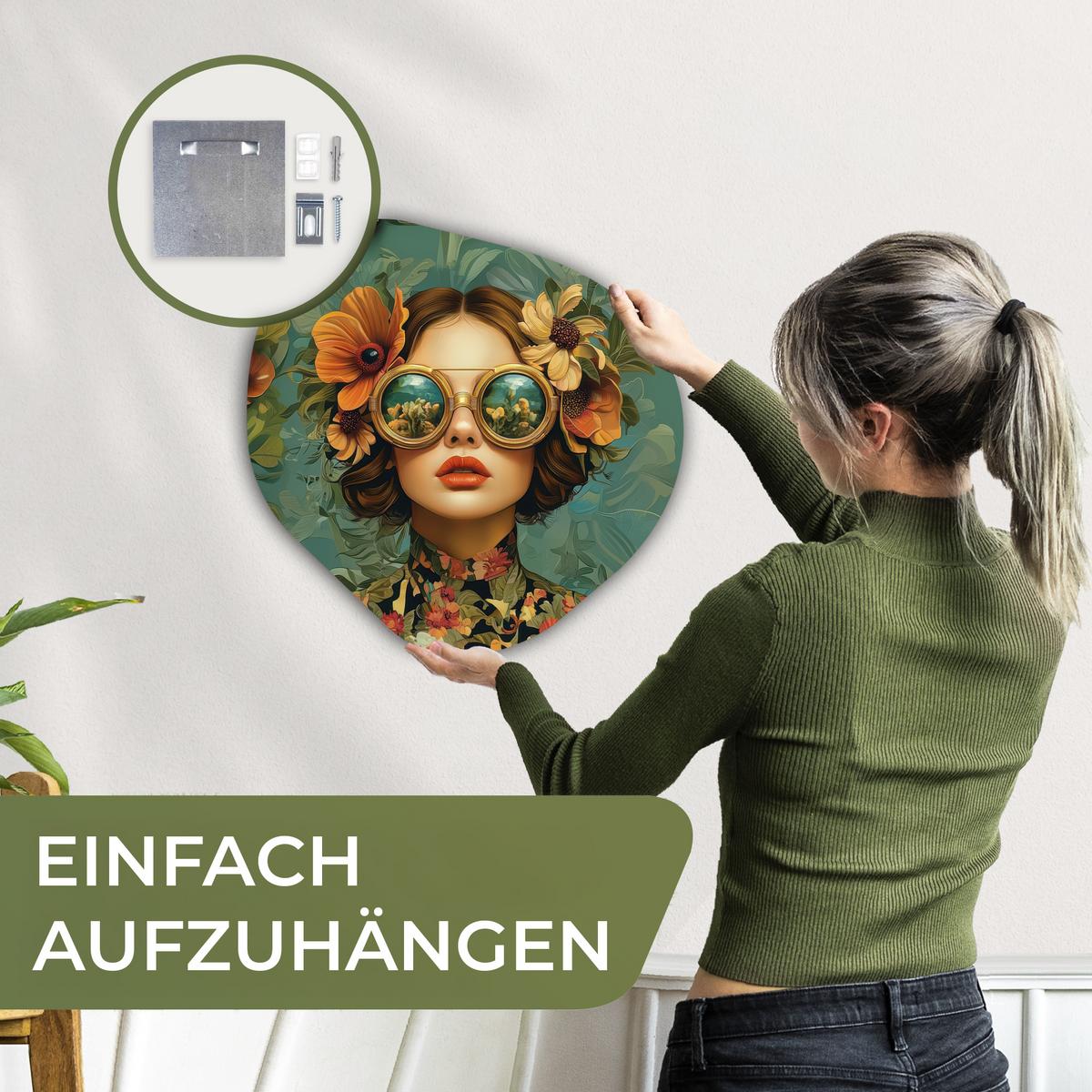WANDBILD Frau - Blumen - Schmetterlinge - Natur - Vintage Wanddeko 40x40 cm - Petrol, Kunststoff (40/40cm) - MuchoWow