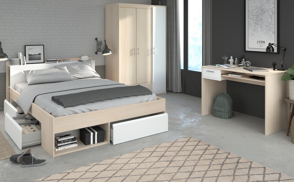 JUGENDZIMMER Set mit Kleiderschrank Stauraumbett 140 cm Schreibtisch - Silberfarben/Weiß, Holz/Holzwerkstoff (140/179/200cm) - Parisot Meuble