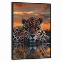 LEINWAND Bilder mit Rahmen - Natur - Leopard - Tier - Sonnenuntergang - Modern - 50x70 - Orange, Textil (50/70cm) - MuchoWow